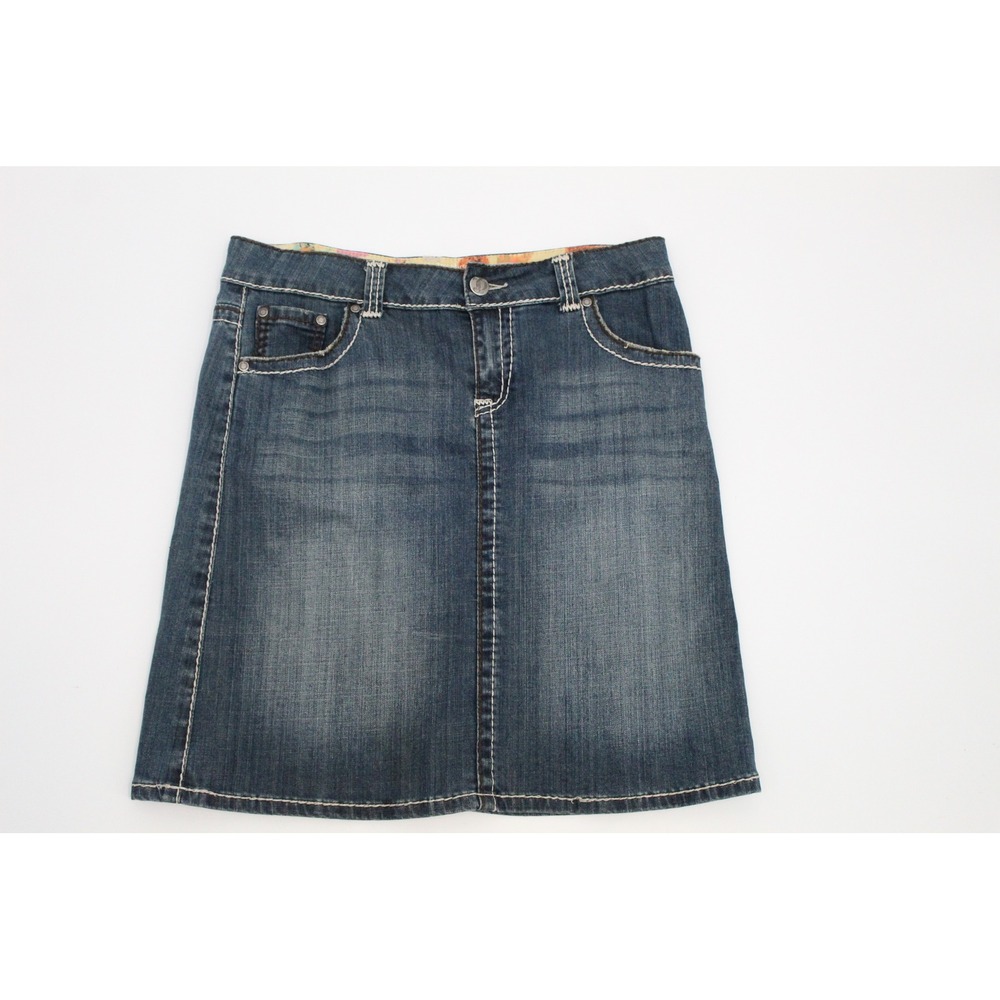 Downeast Hot to Trot Denim Skirt Blue Contrast Stitch Floral Waist Medium